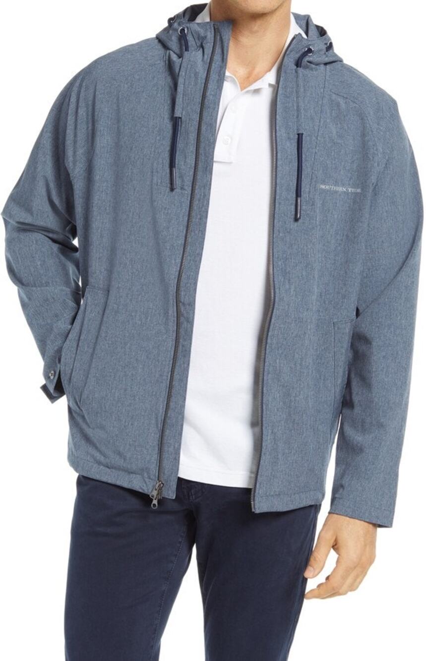 Southern Tide Men’s Go Abroad Heather Blue Hooded Rain Jacket Medium